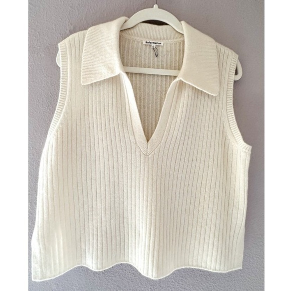 Reformation Sydney Cashmere Collared Sweater Ribbed V Neck Ivory Size Large - Picture 3 of 7